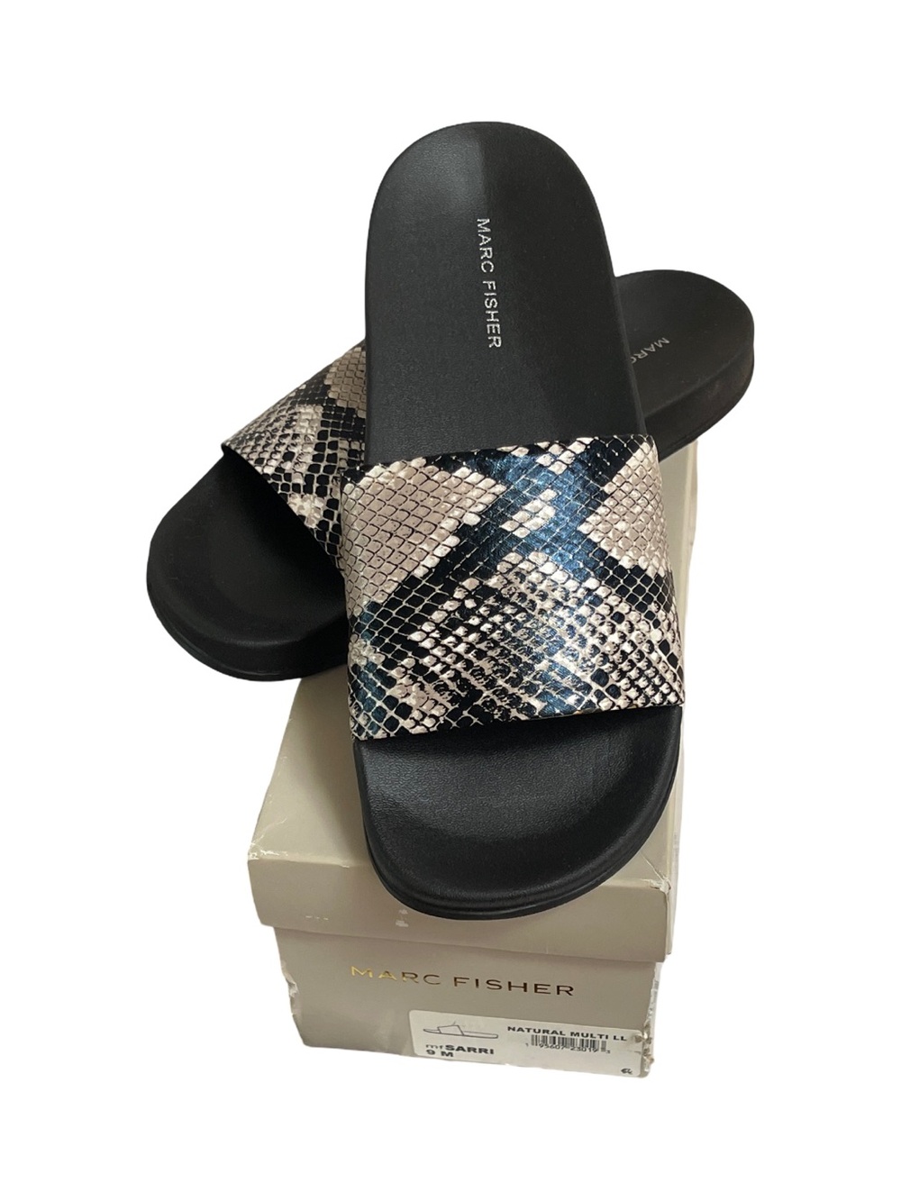 Marc Fisher Black Slide Slippers with Snake-Print Strap